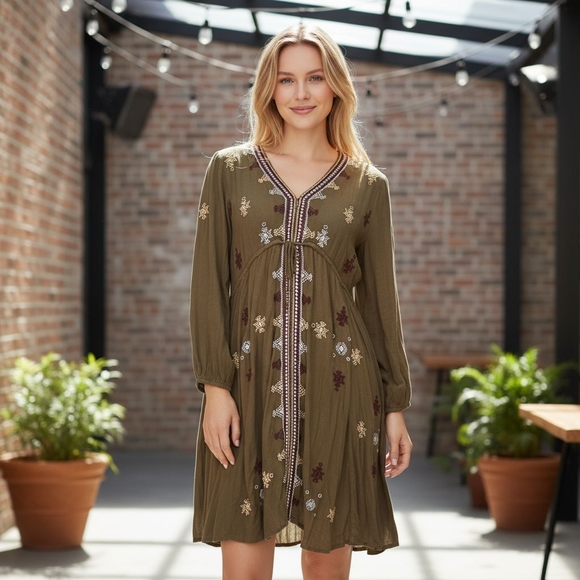 Free People Olive Floral Long Sleeve Dress - Picture 1 of 14